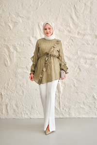 Önü Fırfırlı Ve Bağlama Detay Simli Tül Kumaş Tunik Yeşil