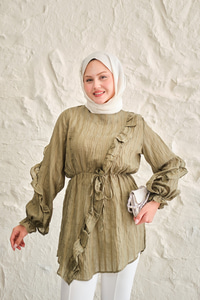 Önü Fırfırlı Ve Bağlama Detay Simli Tül Kumaş Tunik Yeşil