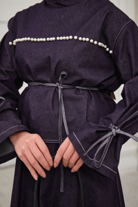 Önü İnci Detay Süs Dikiş Kemerli Hakim Yaka Takım Mor