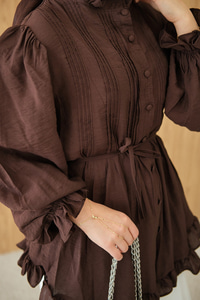 Önü Nervurlu Bel Bağlamalı Gömlek Kahverengi