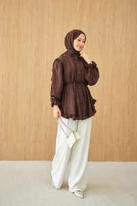 Önü Nervurlu Bel Bağlamalı Gömlek Kahverengi