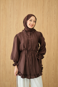 Önü Nervurlu Bel Bağlamalı Gömlek Kahverengi