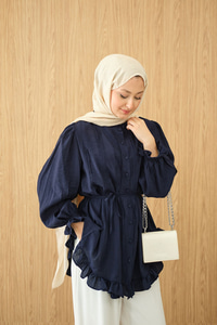 Önü Nervurlu Bel Bağlamalı Gömlek Lacivert