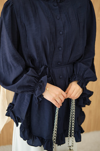 Önü Nervurlu Bel Bağlamalı Gömlek Lacivert