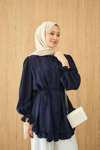 Önü Nervurlu Bel Bağlamalı Gömlek Lacivert