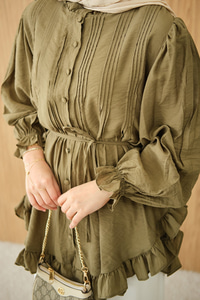 Önü Nervurlu Bel Bağlamalı Gömlek Yeşil