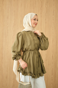 Önü Nervurlu Bel Bağlamalı Gömlek Yeşil