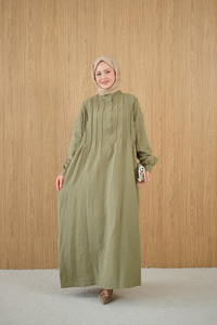 Önü Nervurlu Bisiklet Yaka Keten Elbise Yeşil