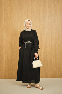 Önü Nervurlu Bisiklet Yaka Keten Elbise Siyah