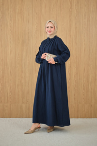 Önü Nervurlu Bisiklet Yaka Keten Elbise Lacivert