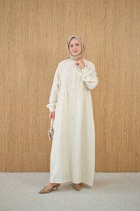 Önü Nervurlu Bisiklet Yaka Keten Elbise Ekru