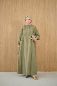 Önü Nervurlu Bisiklet Yaka Keten Elbise Yeşil