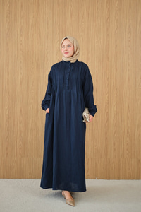 Önü Nervurlu Bisiklet Yaka Keten Elbise Lacivert