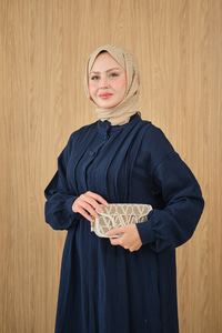 Önü Nervurlu Bisiklet Yaka Keten Elbise Lacivert