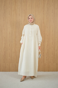 Önü Nervurlu Bisiklet Yaka Keten Elbise Ekru