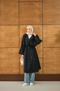 Önü Parça Detaylı Trenç Lacivert