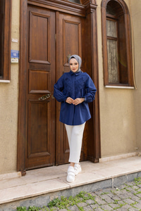 Önü Parça Roba Büzgülü Tunik Lacivert