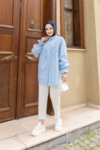 Önü Parça Roba Büzgülü Tunik Mavi