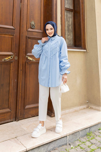 Önü Parça Roba Büzgülü Tunik Mavi