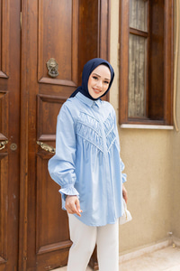 Önü Parça Roba Büzgülü Tunik Mavi