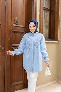 Önü Parça Roba Büzgülü Tunik Mavi