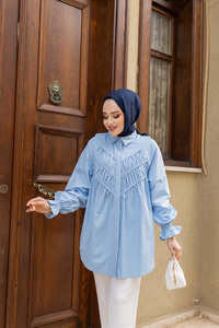 Önü Parça Roba Büzgülü Tunik Mavi