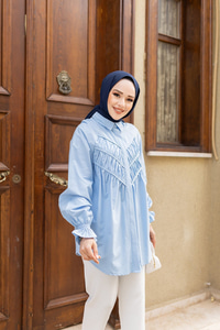 Önü Parça Roba Büzgülü Tunik Mavi