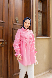 Önü Parça Roba Büzgülü Tunik Pembe