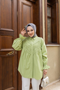Önü Parça Roba Büzgülü Tunik Yeşil