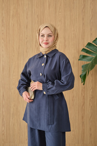 Önü Pat Düğme Detay Gömlek Yaka Takım Lacivert