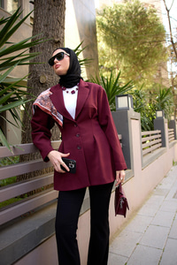 Önü Pens Detaylı Kruvaze Ceket Bordo