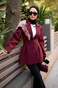 Önü Pens Detaylı Kruvaze Ceket Bordo