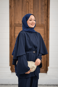 Önü Pile Detay Kemerli Takım Lacivert