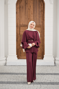 Önü Pile Detay Kemerli Takım Mürdüm