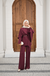 Önü Pile Detay Kemerli Takım Mürdüm