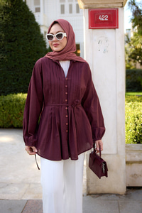 Önü Pile Detay Vual Gömlek Bordo