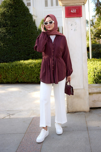 Önü Pile Detay Vual Gömlek Bordo