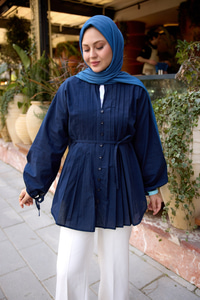 Önü Pile Detay Vual Gömlek Lacivert