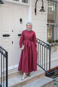 Önü Pileli Poplin Elbise Bordo