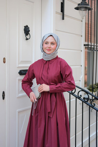 Önü Pileli Poplin Elbise  Bordo