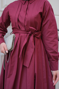 Önü Pileli Poplin Elbise  Bordo