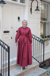 Önü Pileli Poplin Elbise  Bordo
