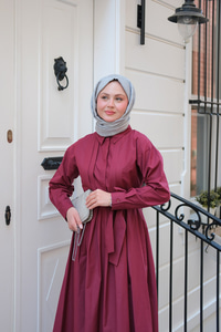 Önü Pileli Poplin Elbise Bordo