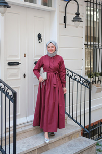 Önü Pileli Poplin Elbise  Bordo