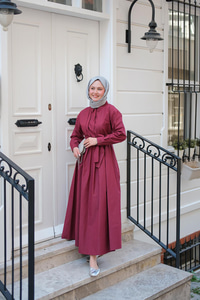 Önü Pileli Poplin Elbise  Bordo