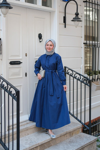 Önü Pileli Poplin Elbise Lacivert