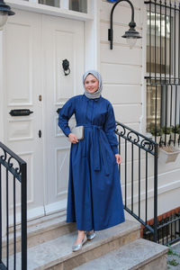 Önü Pileli Poplin Elbise  Lacivert