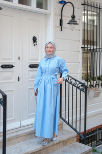 Önü Pileli Poplin Elbise  Mavi