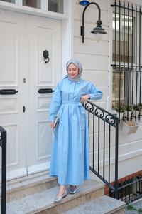 Önü Pileli Poplin Elbise  Mavi