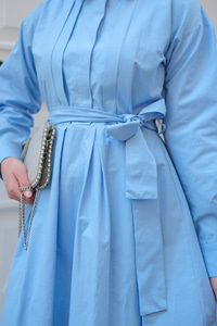 Önü Pileli Poplin Elbise Mavi